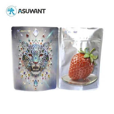 Lav MOQ Digital Printet Stand Up Pouch Brugerdefineret Spot Gloss UV 3D Hævet præget UV Omvendt plastemballagepose til mad