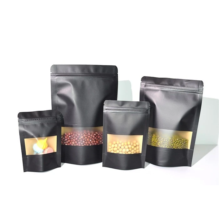 Stand Up Zipper Black Kraft Paper Resealable Ziplock Heat Sealable Food Storage Doypack Packaging Pouches Bag With Clear Window